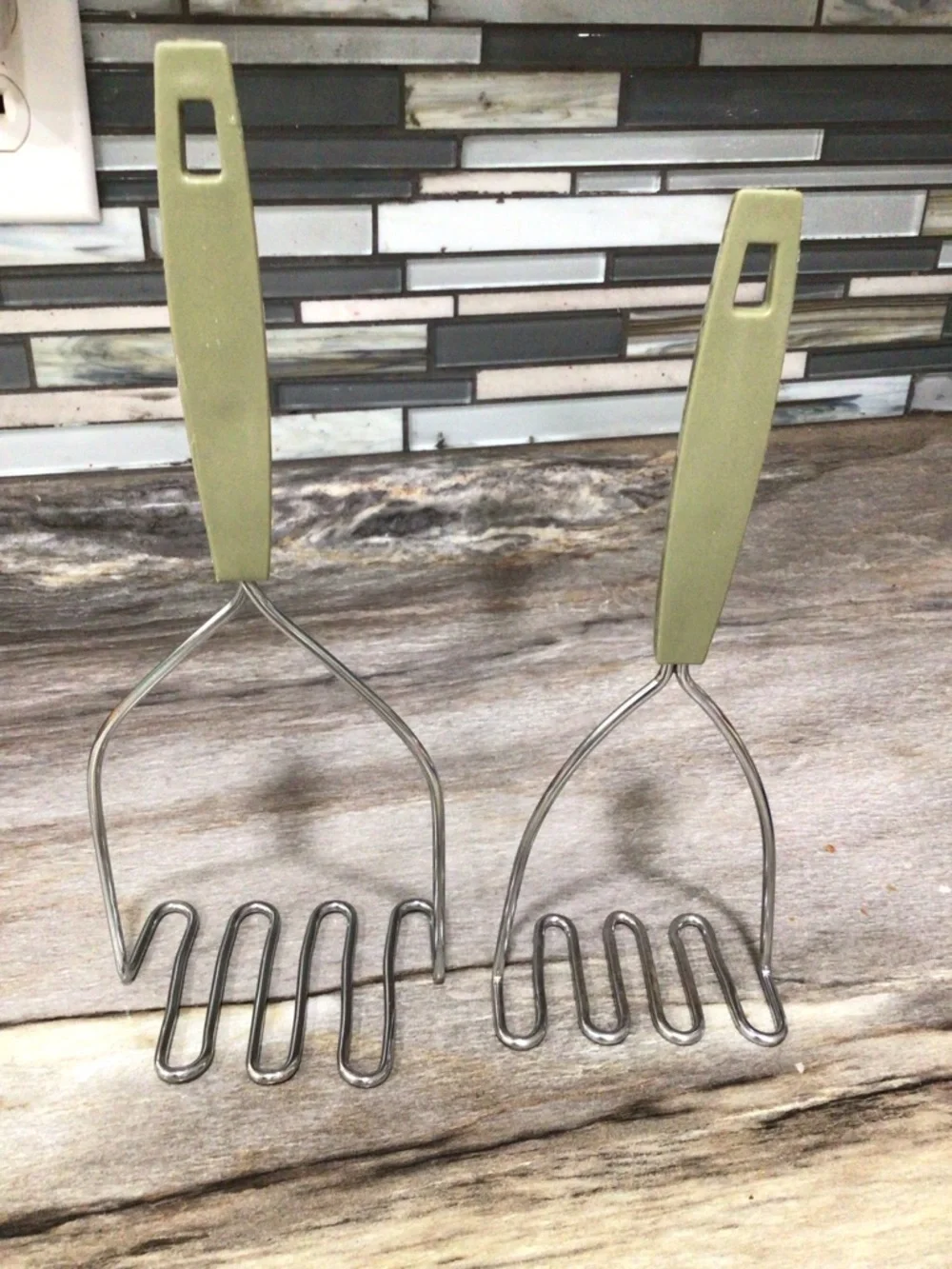 Vintage Green Handle Potato Mashers Set of 2 Stainless Steel Kitchen Utensils.